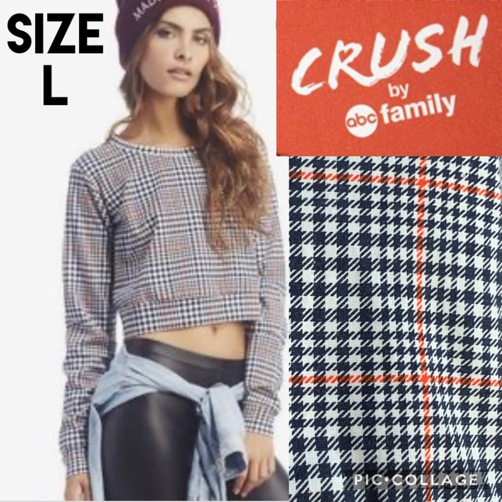 Crush by ABC Family Womens Houndstooth Plaid Long Sleeve Crop Top Grunge Preppy